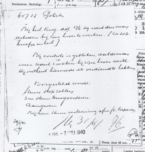 Dossier Mozes Gobitz . Briefje m.b.t. ‘overtreding’, ingeplakt in het dossier, 3 mei 1940. Bron: SAA, dossier Mozes Gobitz. 