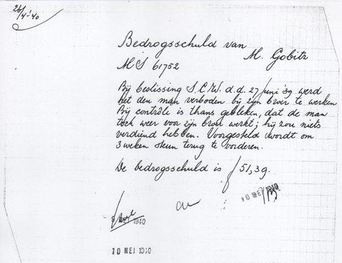 Dossier Mozes Gobitz. Briefje m.b.t. ‘bedrogschuld’, ingeplakt in het dossier, datering 10 mei 1940. Bron: SAA, dossier Mozes Gobitz 