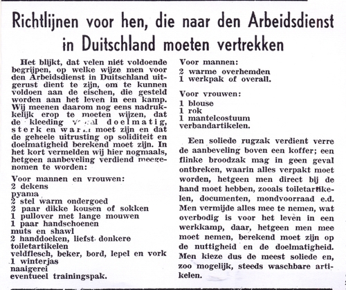 Rugzakken.  Richtlijnen voor hen, die naar den Arbeidsdienst in Duitschland moeten vertrekken.<br />Bron: Het Joodsche Weekblad van de J.R. van 04-09-1942.<br /> 