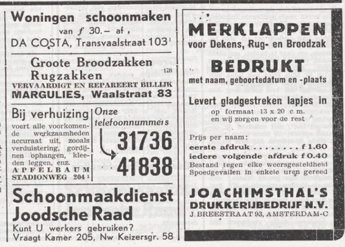 Hulp bij 'de verhuizing'.  Diverse advertenties m.b.t. verhuizing. Het Joodsche Weekblad: uitgave van den Joodschen Raad voor Amsterdam van 20-08-1943. 