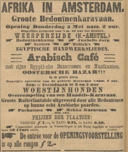 Advertentie mbt komst ‘Bedouïnen Naar Amsterdam’. Bron: Algemeen Handelsblad 6 mei 1892  