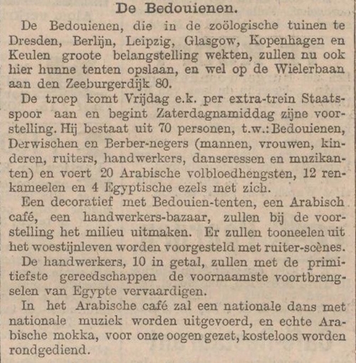 Aankondiging dat er een groep Bedoeïenen naar Amsterdam komt. Nieuws van den Dag 23-07-1902  