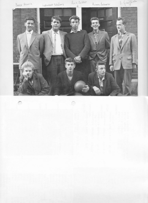 Foto vrienden in de Bankastraat omstreeks 1956  <p>Deze foto is gemaakt in de Bankastraat omstreeks 1956.</p>\n<p>Staand van links naar rechts:</p>\n<p>Henk Dobber, Leendert Ströms, Bas Dobber, Rinus Brouwer en ? Griffioen.</p>\n<p>Zittend van links naar rechts:</p>\n<p>Adri Wesseling, Jan Toeter en Jan Hodde</p>