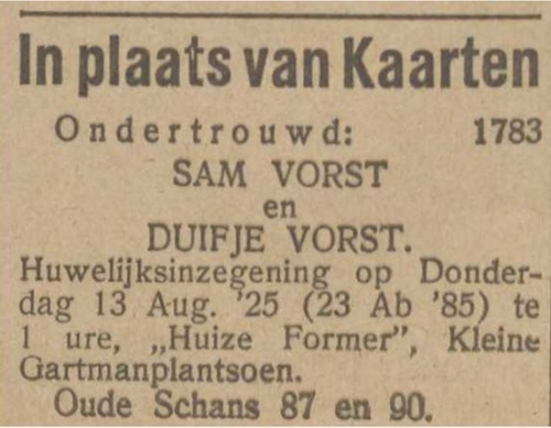 Huwelijk Duifje Vorst met Sam Vorst, NIW 1925.  