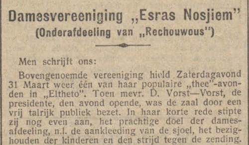 Artikel uit het NIW van 4 april 1928 over de damesafdeling van Rechouwous.  