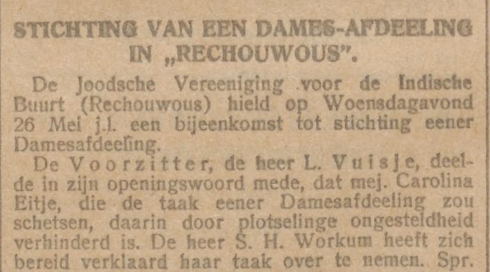 Oprichtingsbericht van de Damesafdeling van Rechouwous, bron: het NIW van 4 juni 1926.  