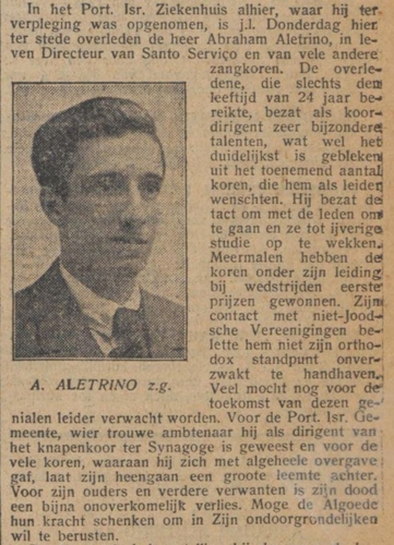 Kort na het optreden voor en bij Rechouwous overlijdt deze jonge dirigent, A. Aletrino. Bron: het NIW van 12 juli 1929.  