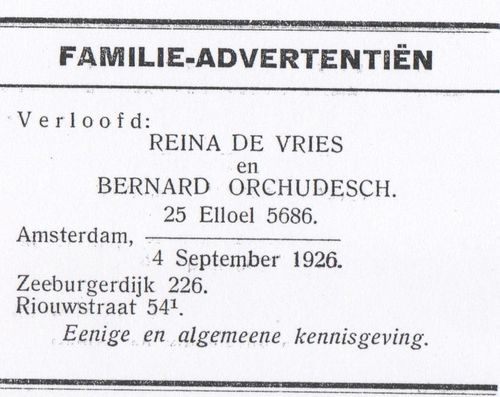 Aankondiging van een verloving tussen Bernard Orchudesch en Reina de Vries. Bron: Het Maandblad juli/augustus 1926.   