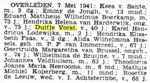 Overlijdensbericht van Duifje Vorst. Bron: Het Volk, dagblad voor de arbeiderspartij van 8 mei 1941.  