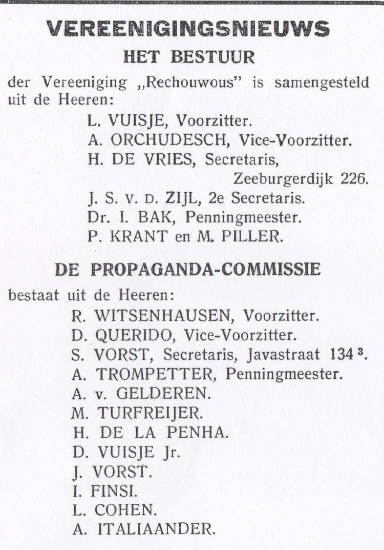 De bestuurders van Rechouwous en hun functies. Bron: Het Maandblad van maart 1926.   