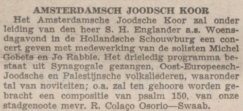 NIW 25 11 1938.jpg Het Amsterdamsche Joodsche Koor in de Hollandsche Schouwburg. Bron: Het NIW van 25-11-1938. 