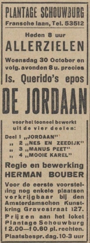 Advertentie voor ‘De Jordaan’, bron: het Algemeen Handelsblad van 26-10-1929  