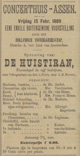 Vroege vermelding van een optreden van Elise Poons – Biene. Bron: Provinciale Drentsche en Asser courant  van 11-02-1889  