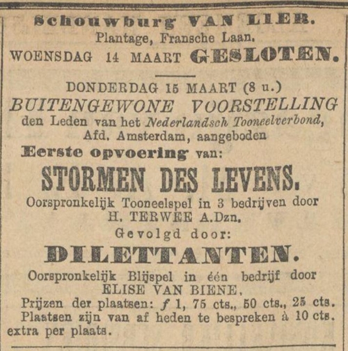 Advertentie voor een optreden in 1888 van Elise van Biene. Bron: Algemeen Handelsblad 14-03-1888  