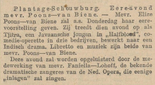 Aankondiging van de ere avond. Bijzonder is dat zij samen optreedt met haar dochter Fanny (Faniëlla). Bron: het Nieuws v.d. Dag, 23 april 1913.   