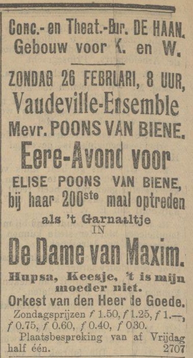 Elise Poons als ’t Garnaaltje, 200ste keer. Bron: de Haagsche Courant 22-02-1911  