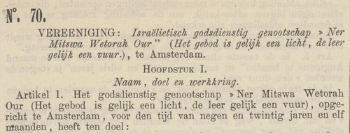 Statuten (de aanhef) van de vereniging Ner Mitswa Wesourah Our in de Nederlandsche Staatscourant van 01-03-1884  