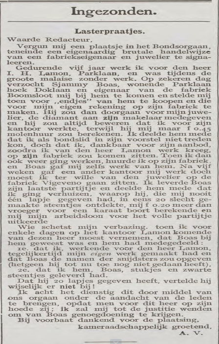 Bron: Weekblad van den Alg. Ned. Diamantbewerkersbond, jrg 14, 1908, no 38, 18-09-1908.   