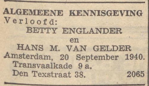 Aankondiging van de verloving van Betje in het NIW van 20-09-1940  