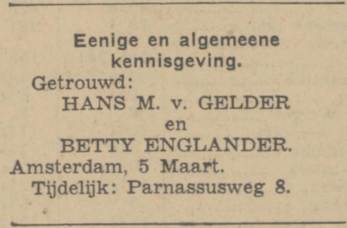 Huwelijk Betje Englander in het Algemeen Handelsblad van 06-03-1941  