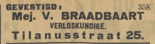 Advertentie van Mej. Veronika Braadbaart, werkzaam als verloskundige in het NIW van 1913.  