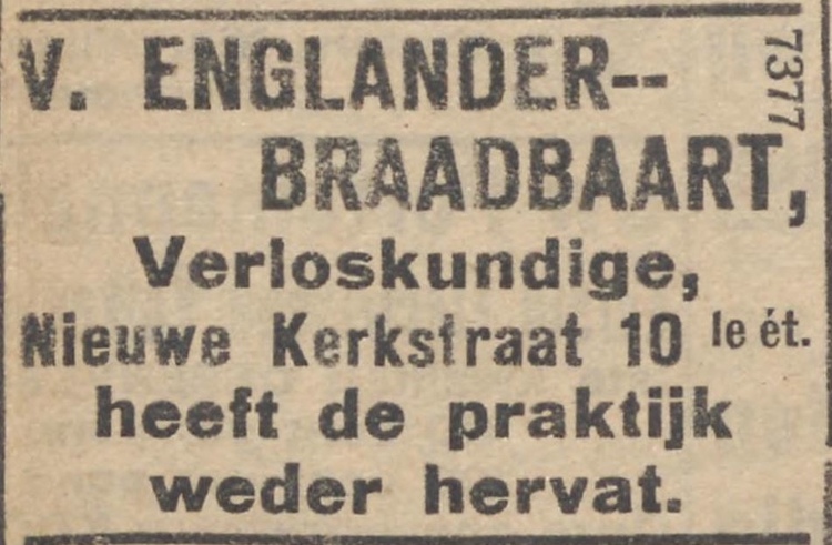Verloskundige Veronika Englander – Braadbaart, bron:  NIW 1922  