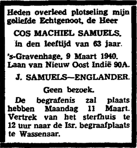 Overlijdensbericht Cos Machiel in: Het Vaderland: staat- en letterkundig nieuwsblad van 10-03-1940  