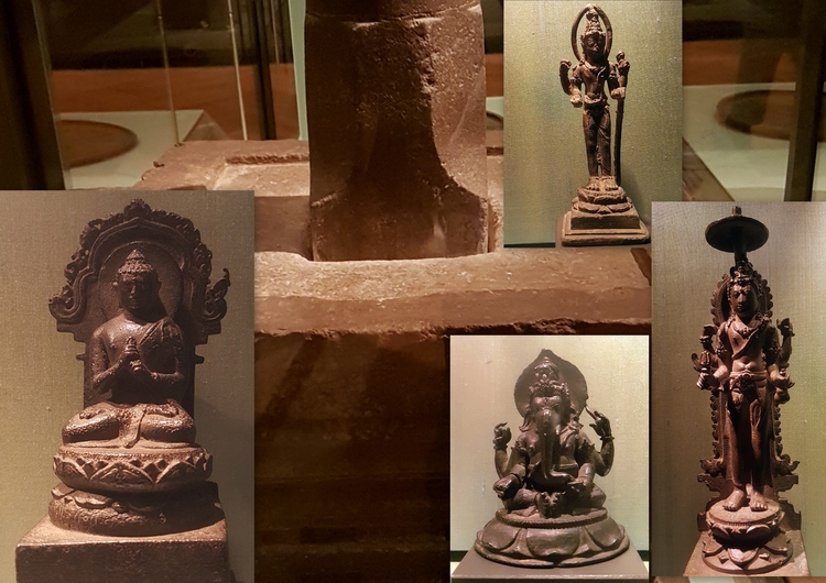 beelden van de Hindoegoden en van  het man-vrouw-symbool.  / collage Dineke  