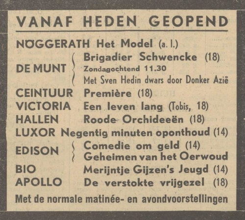 Advertentie voor bioscopen in 1941 in Amsterdam. Bron: het Algemeen Handelsblad van 09-03-1941   