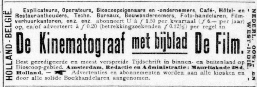 Advertentie voor het nieuwe tijdschrift De Kinematograaf in: De Telegraaf van 04-02-1913  