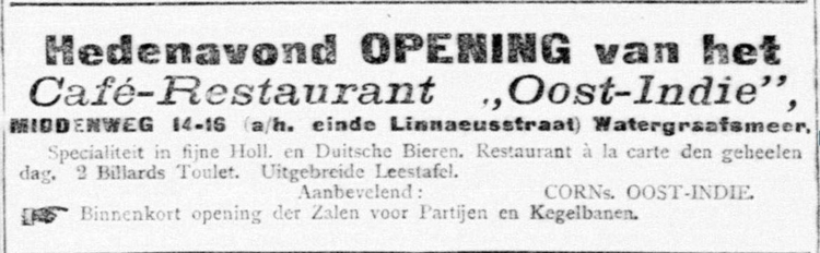 De Telegraaf van 24-12-1902. De opening van het Café Restaurant Oost-Indië  