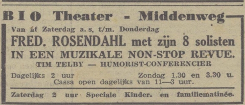 Muzikale non-stop Revue in de Bio. Bron: het Algemeen Handelsblad van 23-11-1944  