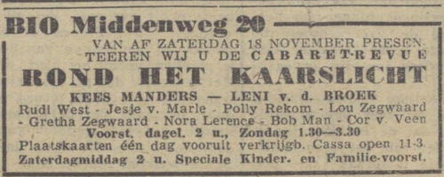 Cabaretrevue in de Bio. Bron: het Algemeen Handelsblad van 16-11-1944   