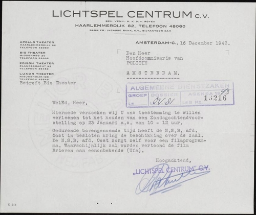 Afdeling Oost van de NSB organiseert een filmvoorstelling, januari 1944. Bron: Stadsarchief Amsterdam (SAA): inventarisnummer 5225 – 4833.  