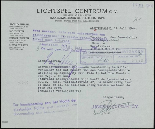 Gymnastiekvereniging D.O.C. (uit de Veeteeltstraat) organissert voor haar leden een filmvoorstelling, 9 januari 1944. Bron: Stadsarchief Amsterdam (SAA): inventarisnummer 5225 – 4833.  