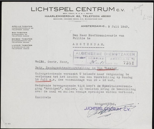 Aanvraag door speeltuinvereniging Archipel, 18-07-1943. Bron: Stadsarchief Amsterdam (SAA): inventarisnummer 5225 – 4833.  