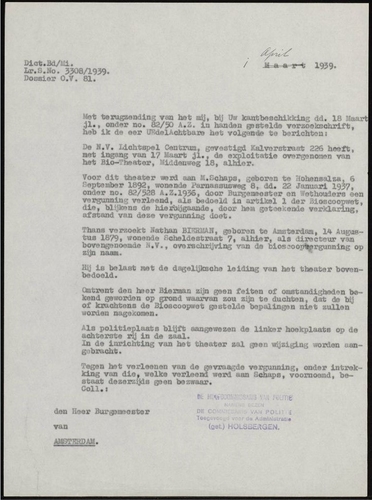 Bio Middenweg – Nathan Bierman – vergunning april 1939. Bron: Stadsarchief Amsterdam (SAA): inventarisnummer 5225 – 4833.  