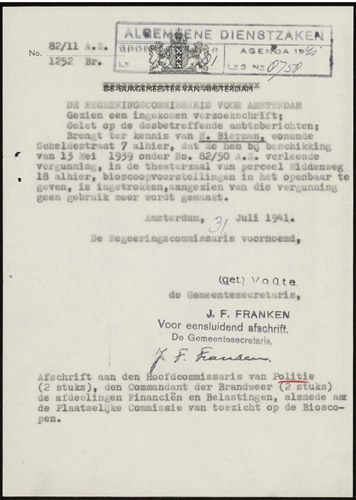 Bio Middenweg Nathan Bierman – 1941 intrekken vergunning. Bron: Stadsarchief Amsterdam (SAA): inventarisnummer 5225 – 4833.  