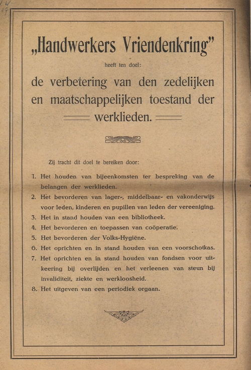 De doelstellingen van de HWV (bron: feestnummer De Handwerksman 1919)  