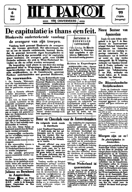 Parool op 6 mei 1945 op stof gedrukt, Dineke vond 6 exemplaren bij Kringloop Rataplan   