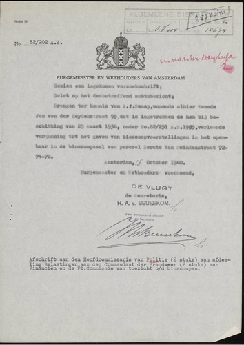 Intrekking van de vergunning Swaap, datering 28 oktober 1940. Bron: SAA politiearchief 5225 – 4905.  