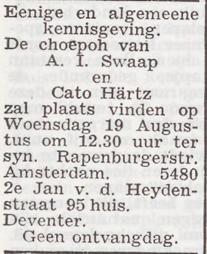 Huwelijk Aron en Cato. Huwelijksbericht van Aron Isaac en Het joodsche weekblad : uitgave van den Joodschen Raad voor Amsterdam van 14-08-1942  
