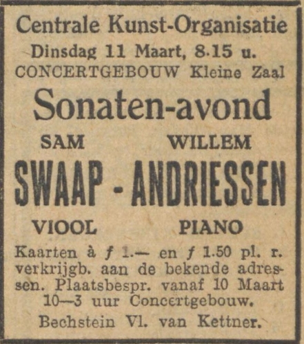 Advertentie van de Central Kunst organisatie met Sam Swaap en Willem Andriesen. Bron: Algemeen Handelsblad van 10-03-1930  