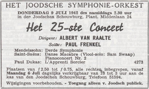 Samuel Swaap als solist bij het Joodsch Symphonie-Orkest. Bron: Het Joodsche weekblad: uitgave van den Joodschen Raad voor Amsterdam van 03-07-1942  