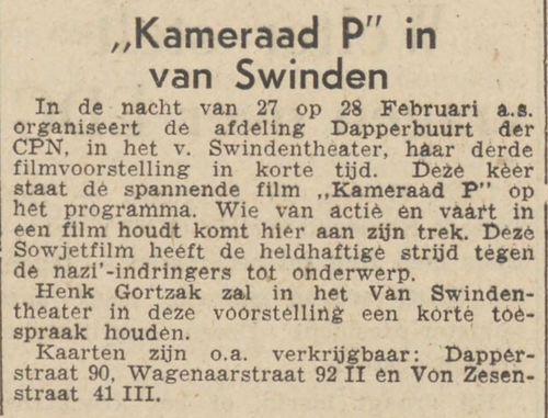 Nachtvoorstellingen in het Van Swinden theater. Bron: De Waarheid van 17-02-1954  