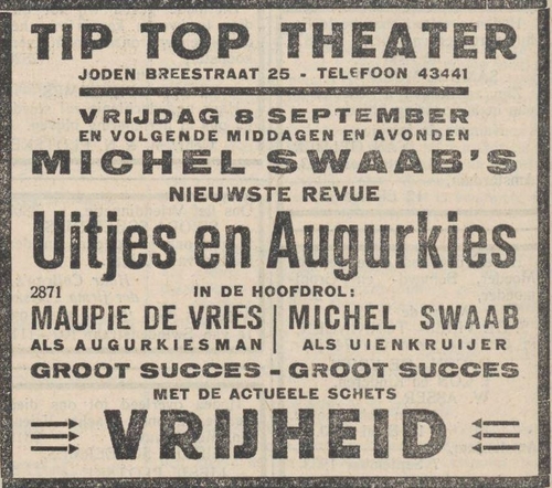 Maupie de Vries in het TipTop Theater. Nieuw Israelietisch weekblad van 08-09-1933  