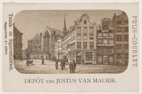 Prijscourant van tabak- en sigarenfabriek Justus van Maurik, Damrak 100. Met afbeelding van Damrak 99, 100 en 101 met aangrenzend Dam 2-12 met de Nieuwe Kerk. Datering zo rond 1900, bron: beeldbank SAA.  