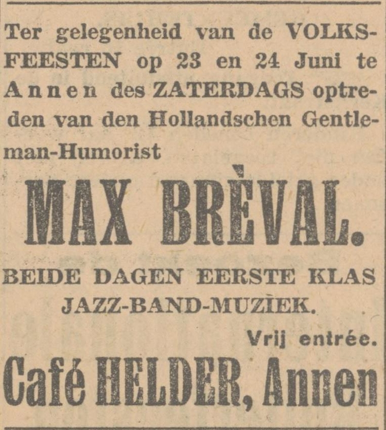 Advertentie voor een groot Volksfeest in Annen, in:De Noord-Ooster van 21-06-1928  
