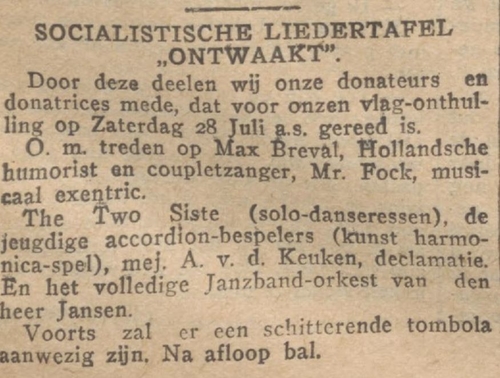 Socialistische Liedertafel “ontwaakt” met vlagonthulling en Max Breval, in: De Tribune van 27-07-1923  