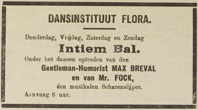 Optreden Max Breval en Mr. Fock, bron: Middelburgsche Courant van 24-12-1924    